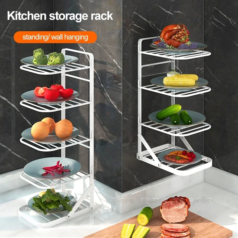 3 or 4 level counter and plate organizer, cabinet corner rack, rust-proof storage rack, collapsible