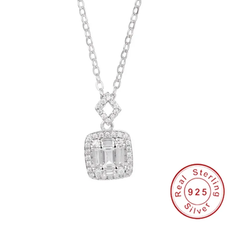 Classic solid 925 Sterling Silver Diamond pendant Necklace Lady's Square Put together Wedding Necklaces for Women Jewelry