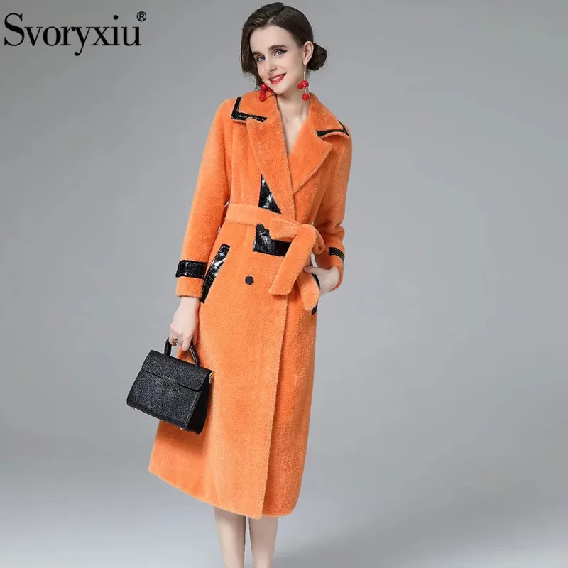 

Svoryxiu Fashion Woman Autumn Orange Sky Blue Overcoat Jacket Lapel Double Breasted Patchwork Print Sashes Knee-Length Overcoat