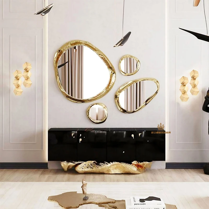 

light luxury pure copper decorative mirror designer living room corridor hanging mirror foyer entry special-shaped advanced