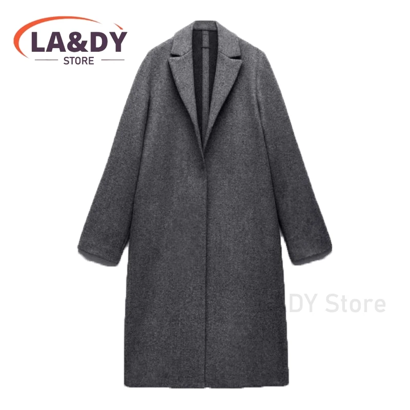 2024 New Women Fashion Loose Suit Collar Woolen Coat Female Solid Color Casual Long Sleeve Pockets Outerwear