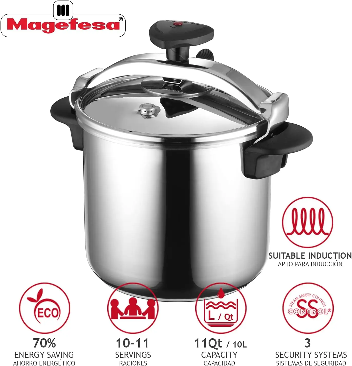 MAGEFESA Star Quick Easy To Use Pressure Cooker, 18/10 Stainless Steel, Suitable for Induction. Thermodiffusion Bottom