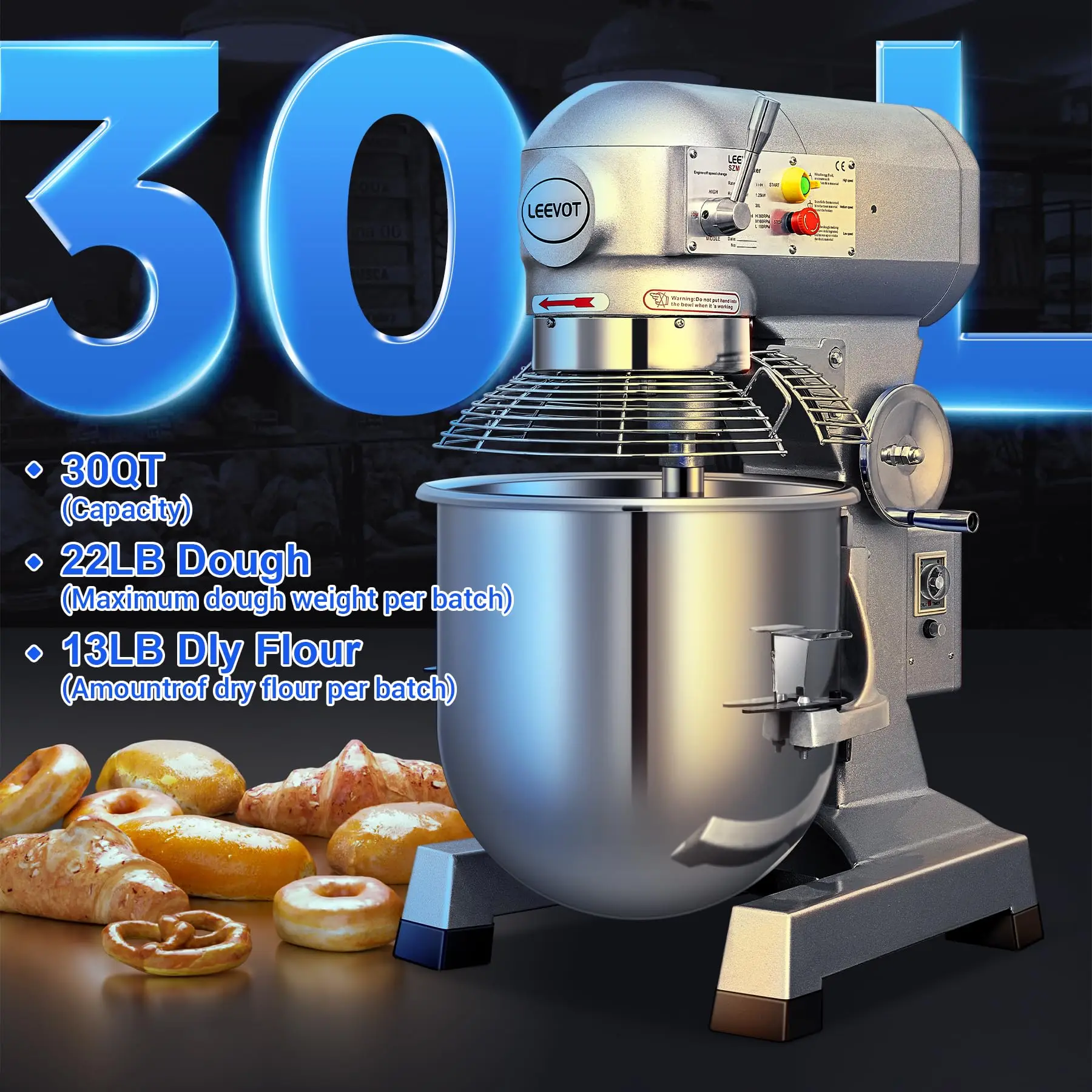Commercial Food Mixer 30Qt, 3-Speed with Timer, 1250W