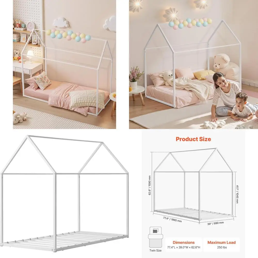 

White Twin Metal Kids Loft Bed with House Design, No Box Spring, Easy Assembly, Suitable for Boys & Girls
