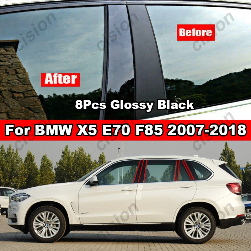 8Pcs Carbon Fiber Black Car Door Window Column B C Pillar Post Trim Cover Mirror Effect PC Sticker For BMW X5 E70 F85 2009-2018