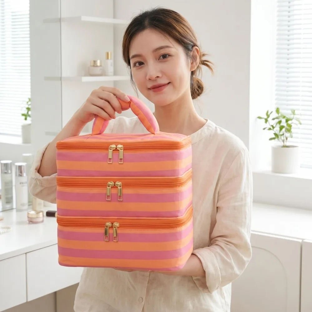 Polyester Multi-Layer Cosmetic Bag Large Capacity Waterproof Zipper Travel Storage Bag Macaron Color Portable