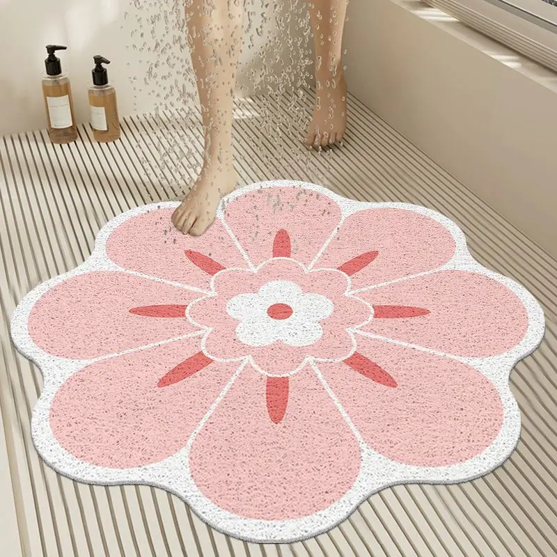 Flower Pattern Bathroom Silk Floor Mat, Water Leakage, Special Shower, Water Barrier Foot Mat, Pink, Green, Orange, 1Pc