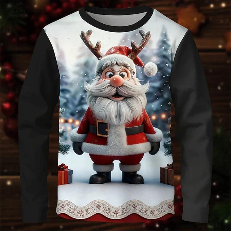 

2025 New Cute Santa Claus Crew Neck Men's Long Sleeve Shirt Fashionable Holiday Party T-Shirt 3D Printed Shirt Festive Gift Top
