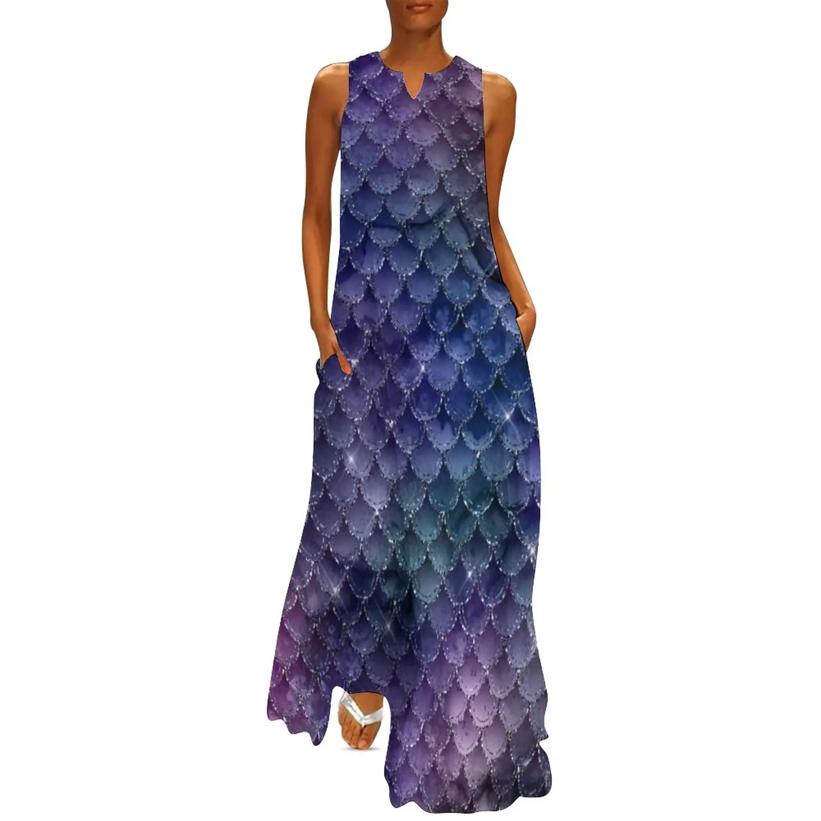 Glitter Mermaid Scales Dress Violet Indigo Print Maxi Dress Aesthetic Casual Long Dresses Sleeveless Custom Vestidos 3XL 4XL 5XL