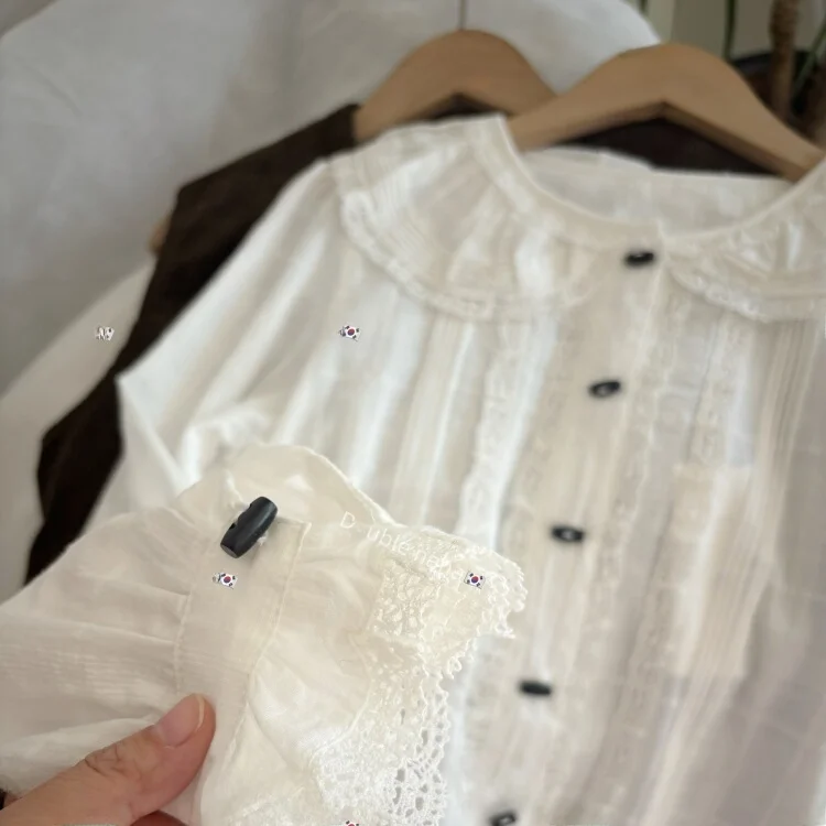 

Ретро-топ с кружевной отделкой и воротником-стойкой, длинный рукав, свободный крой, из дышащего хлопка, женская блузка в стиле Dongda Gate Viplain Gentle Sle