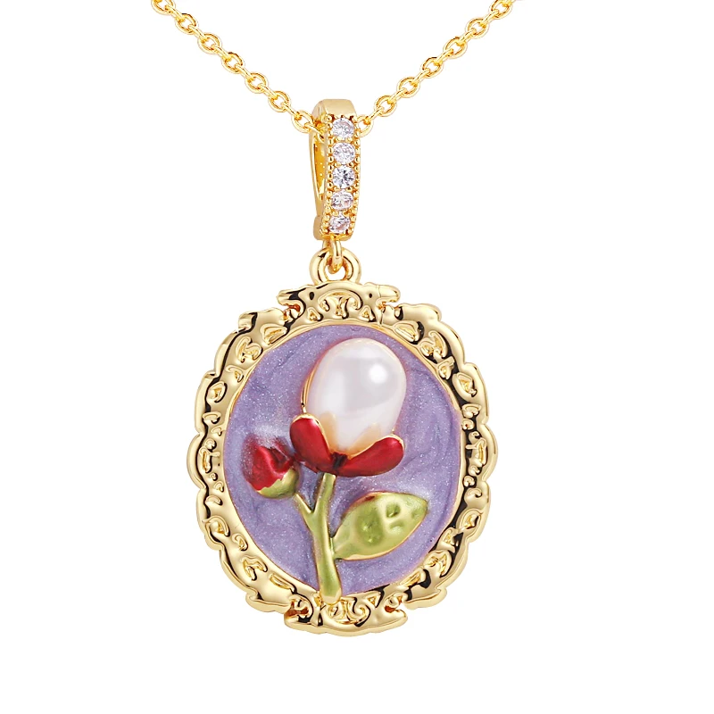 ZHBORUINI Natural Pearl Necklace Monet Garden Vintage Oil Painting Style Flower Freshwater Pearl Universal Buckle Gold Pendant