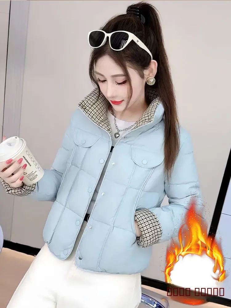 

Winter Thiened ort Quilted Cotton Jaet Women's Faion Warm Plaid Puffer Coat Korean Sle Loose Fit Long Sve