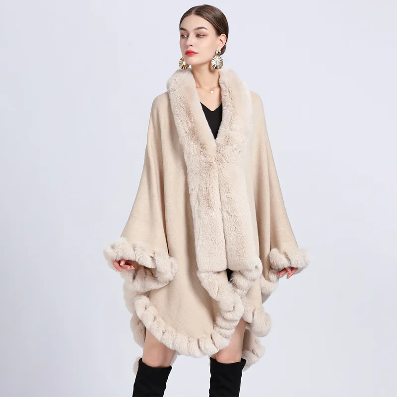 Fall Winter Women Knit Overcoat Lapel Poncho Loose Elegant Faux Rex Rabbit Fur Coat Cape Soft Cloak Mantle Big Size Outwear