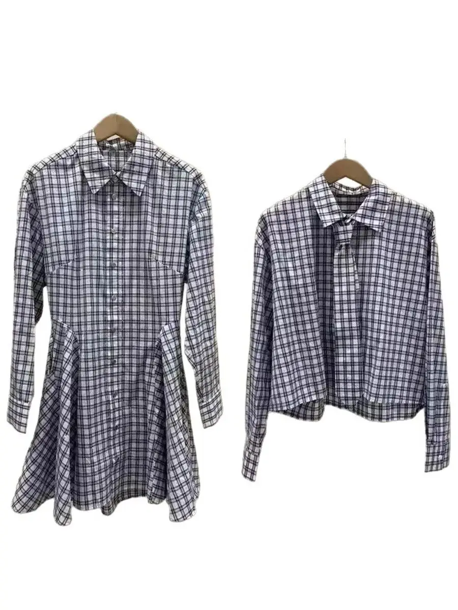 

Spring/Summer Women Turn-down Collar College Tie Long Sleeve Plaid Set Single-breasted Shirt + High Waist Elegant Mini Dress
