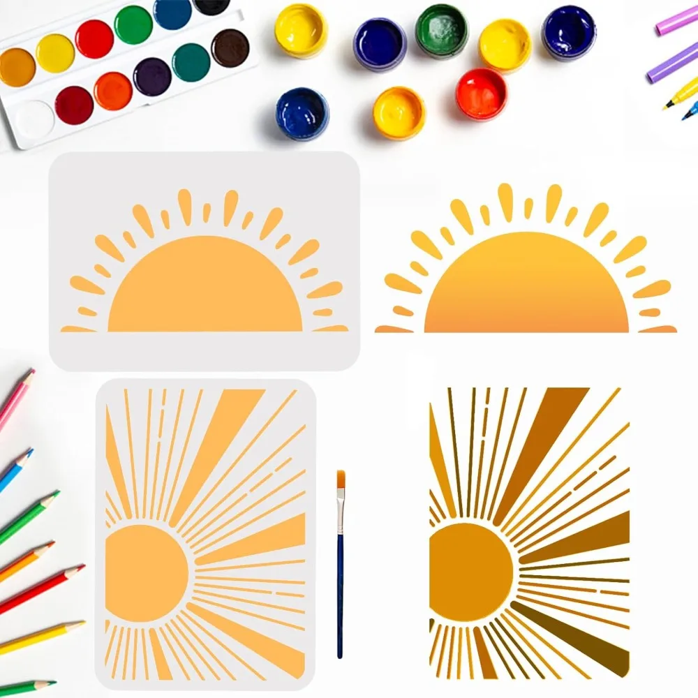 1 Set PET Hollow Out Drawing Painting Stencils for DIY Scrapbook Photo Album with 1Pc Art Paint Brushes Sun 297x210mm 2pcs/set