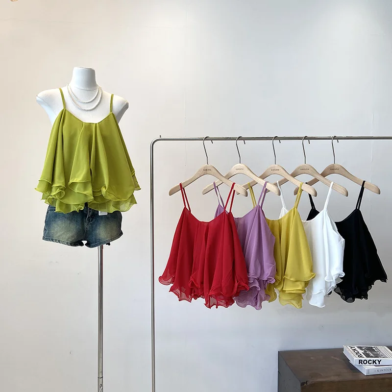 2026 New Summer Women Sleeveless Off Shoulder Straps Camisole Solid Color Multi-Layer Ruffles Crop Tank Tops Korean