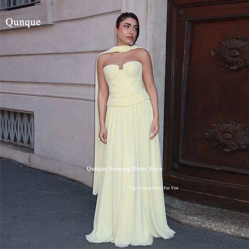 

Qunque A-line Chiffon Evening Party Dresses Shiny Beadings Women Prom Gowns With Scarf Event Gowns Robes De Soirée Customized