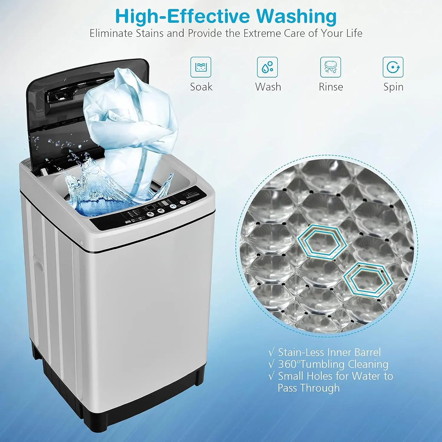 Full Automatic Washing Machine, 2 in 1 Portable Laundry Washer 1.5Cu.Ft 11lbs Capacity Washer and Spinner Combo 8 Programs 10 Wa