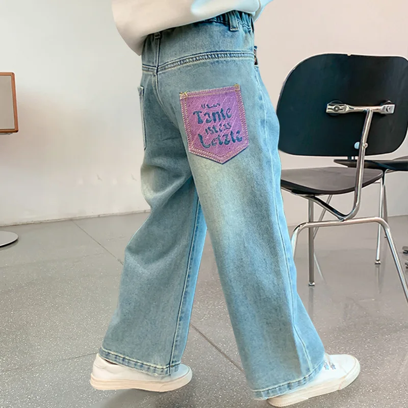 Teenager Girls Jeans for Autumn Kids Casual Loose Denim Wide Leg Pants Spring Children's Fashion Heart Straight Trousers 4-14Y