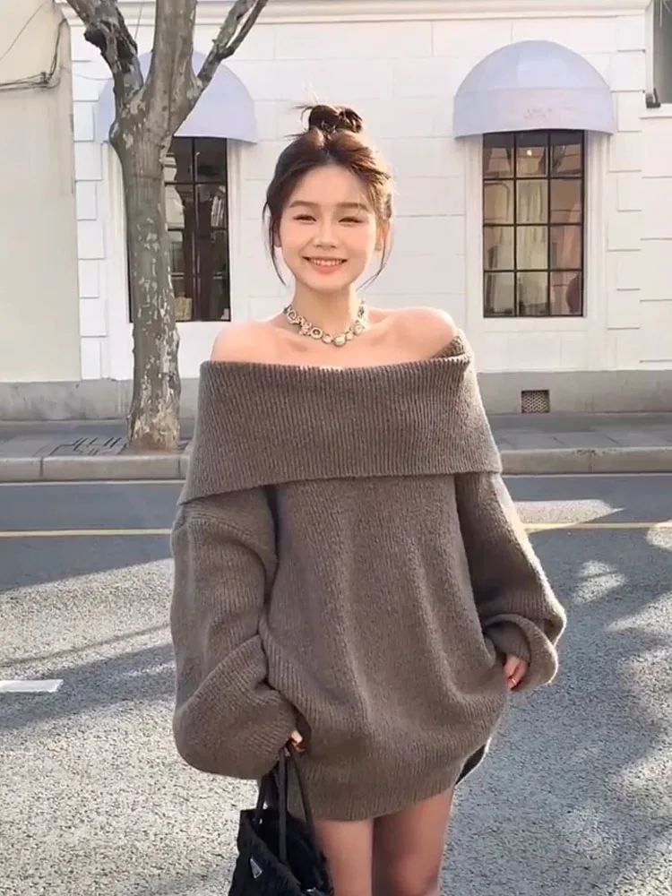 

Ladies' oulder-Baring Sweater Loose Comfortable Autumn Winter Long Sve Warm Color Casual Faion Cover Butt