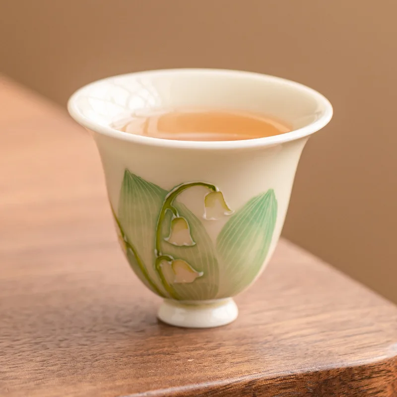 Hand Painted Lily of the Valley Ceramic Tea Cup Personal Master Cup Gongfu Tea Set for Tea Ceremony Home Use Aesthetic Gift