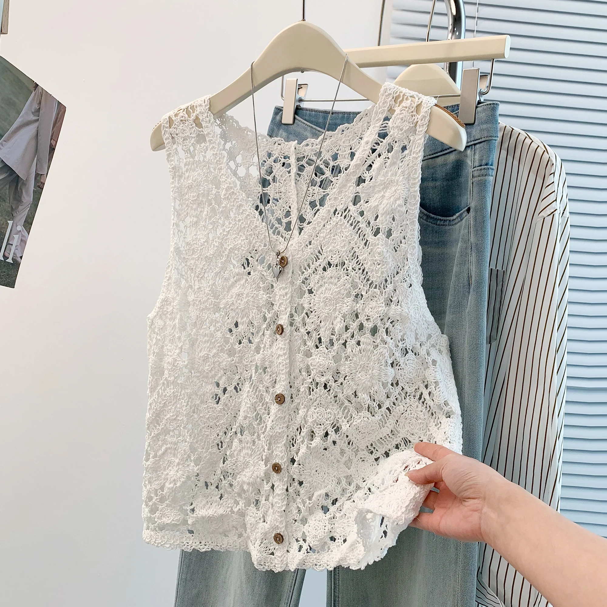 Women's Granny Square Crochet Vest Sleeveless Button Down Open-work Knit Waistcoat Summer Tops Bohemian Festival
