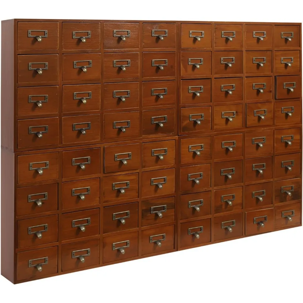 Wooden 64-Drawer Storage Cabinet, Traditional Apothecary Style, Library Card Catalog, Herb Organizer with Label Holder