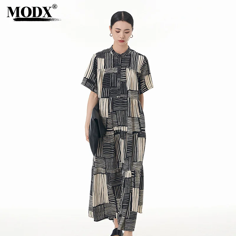 [MODX] 2024 Autumn Street Horizontal And Vertical Stripe Combination Cake Skirt New Large Women's Loose And Slimming New Fashion