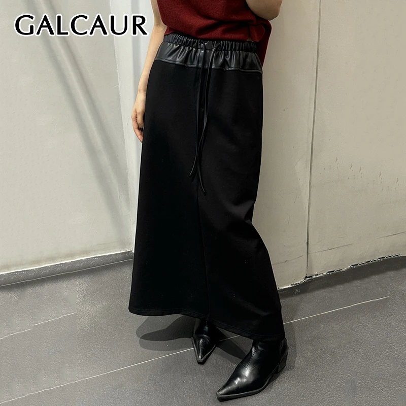 

GALCAUR Fashion Patchwork Lace Up Skirts For Women High Waist Spliced PU Leather Straight Split Long Skirt Korean Style Clothing