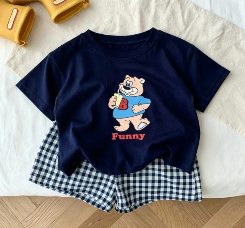 Baby Toddler Short Sleeve T-Shirt And Plaid Shorts Set Kid Cute Cartoon Bear Print Outfit Soft Cotton Fabric Versatile Clothing