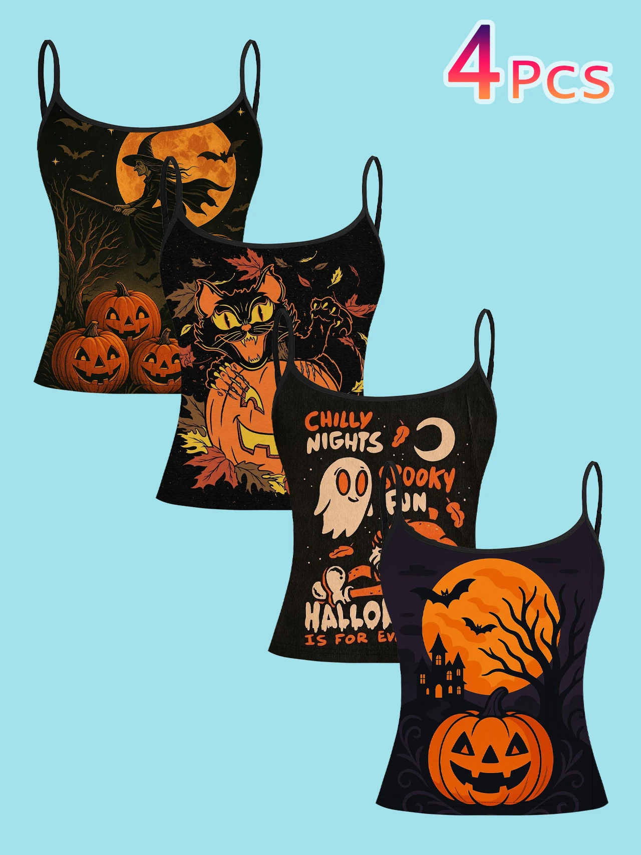 4-Piece Set of Halloween Witch, Black Cat, Ghost, and Lady Print Camisoles with Full Moon, Bat, Pumpkin, Maple Leaf, and Fun Text Prints, Slim-Fit Spaghetti Strap Short Camisole Tops