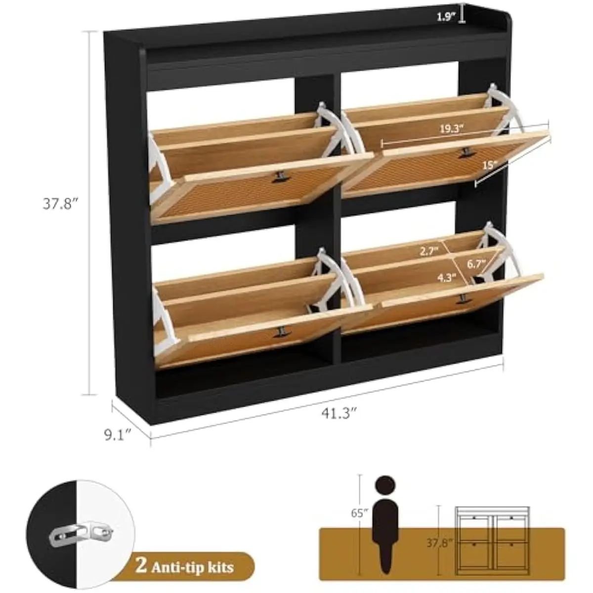 Freestanding shoe cabinet with 4 deep flip-down compartments, adjustable internal dividers, rattan-front panels, engineered wood
