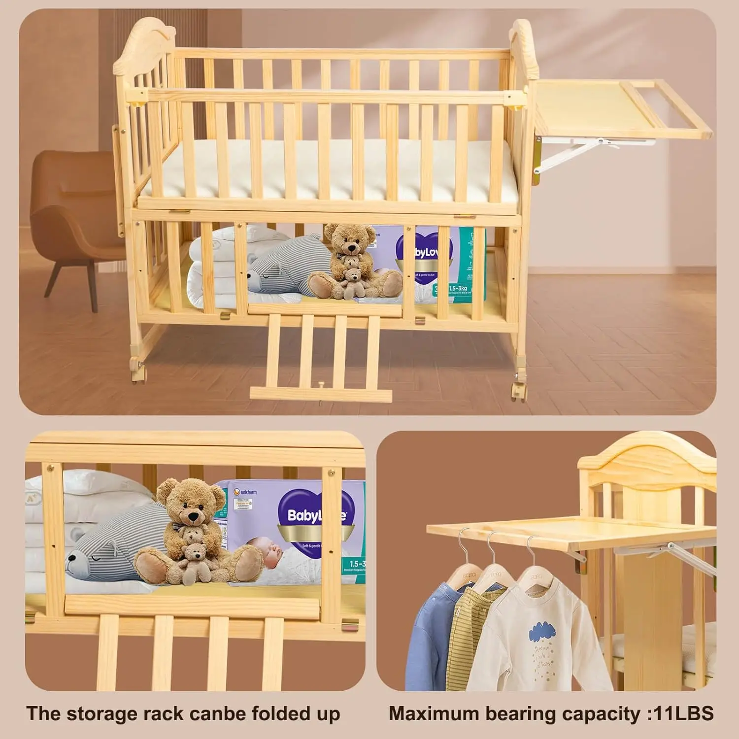 Cribs 4-in-1 Convertible - Cunas para Bebes with Changing Shelf and Mattress Included,2024 Wood Baby Bassinets Bedside