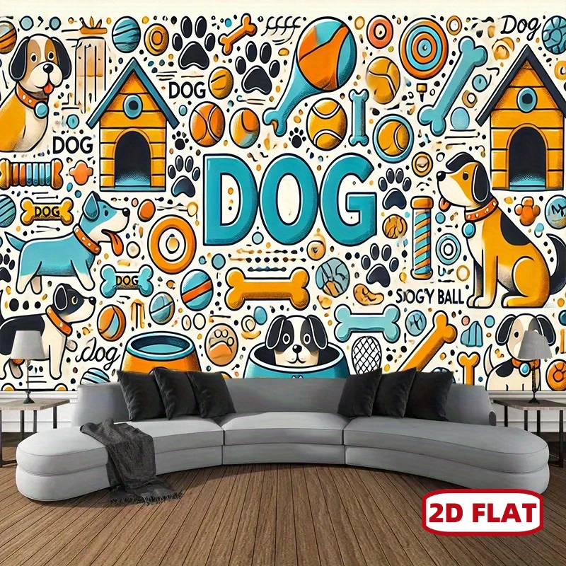2D Flat Banner Gifis1pcs Extra Large 8.0x6.0ft Playful Dog-Themed Tapestry - Vibrant Polyester Wall Hanging With Cartoon Canine