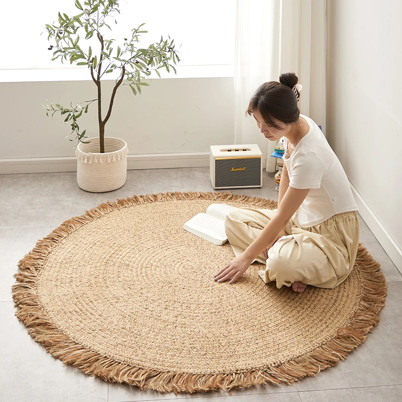 Handwoven Jute Area Rug for Living Room Round Natural Fiber Carpet with Fringe Glue-Free Sofa Coffee Table Mat Bedroom Carpet