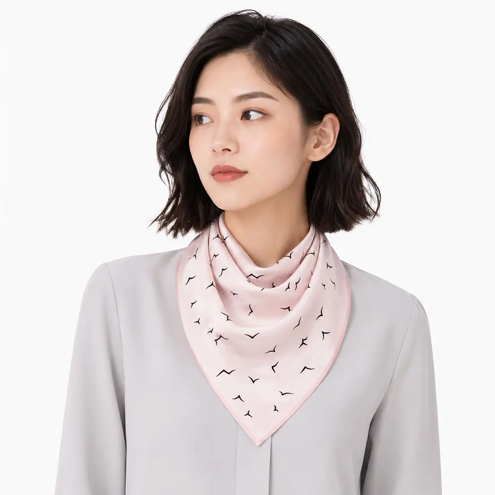 53cm 100% Natural Silk Scarf Women Minimalist Pink Flying Bird Swallow Print Bandana Lady Hairband Wrap Head Square Neckerchief