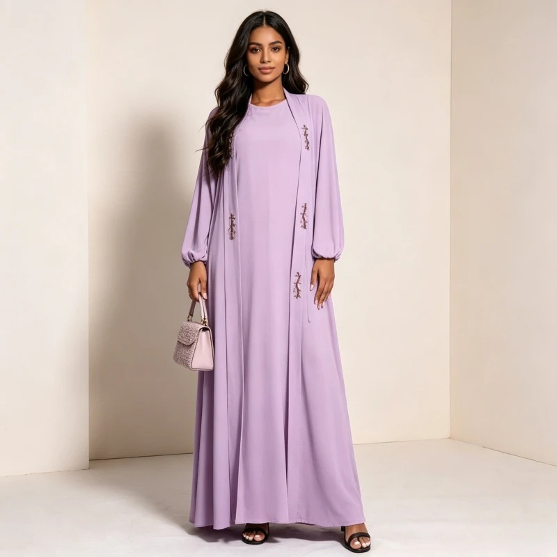 

Eid Muslim Abaya Dress 2 Piece Set Women Prayer Morocco Caftan Chiffon Abayas+inner Dress Gowns Kimono Cardigan Robe Outwear