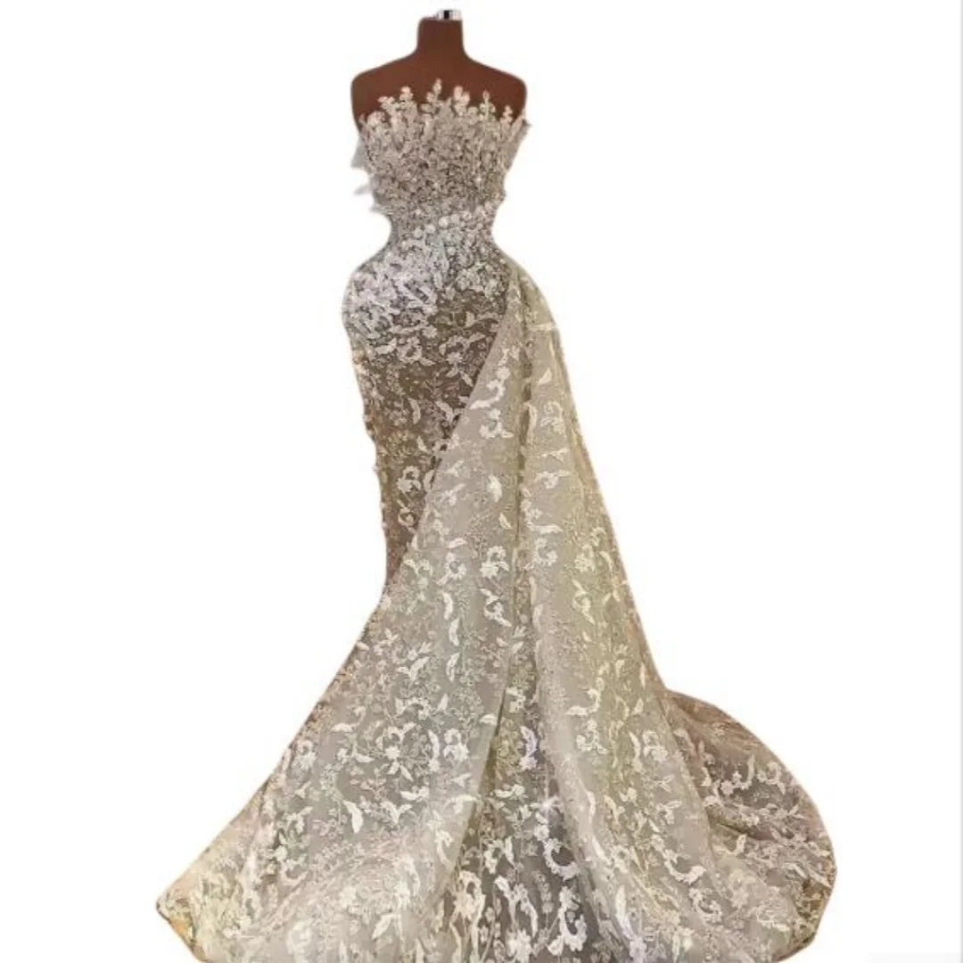 Vestidos de novia brillantes sin tirantes para mujer, vestidos de novia sexis con lentejuelas y perlas, vestido de novia largo hasta el suelo con tren lateral personalizado