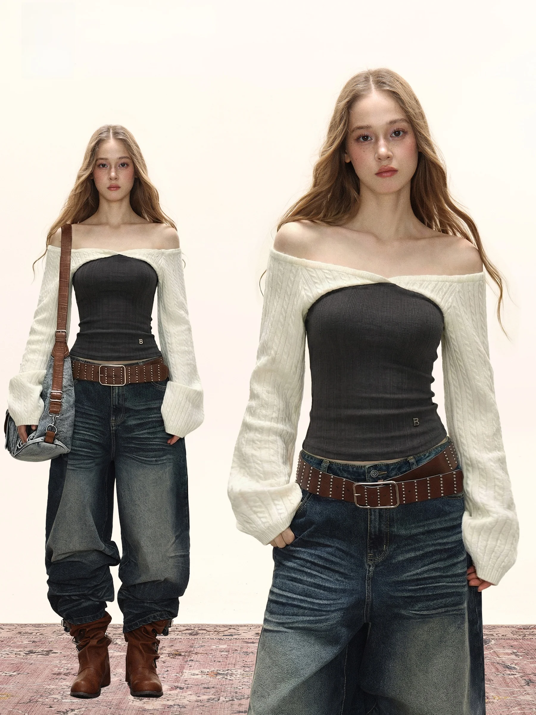 

Женский вязаный топ iyue Gentle Color Blo с длинными рукавами, зимняя базовая одежда, с открытыми плечами, повседневный, мягкий трикотаж