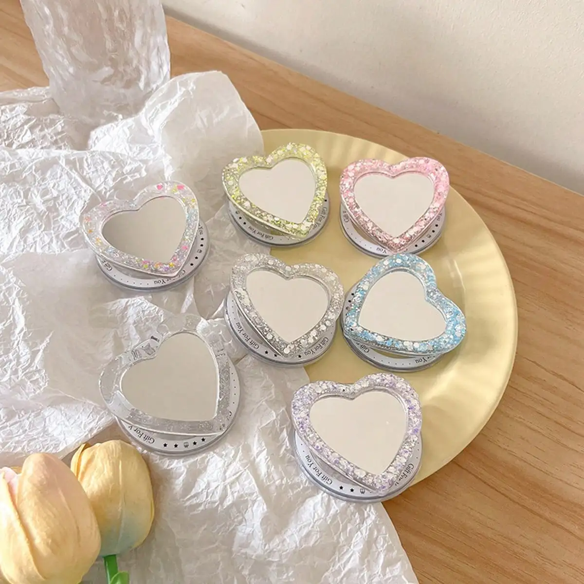 Heart-Shaped Mobile Phone Magnetic Airbag Holder Glitter Sequin Heart-Shaped Portable Makeup Mirror Magnetic Desktop Holder