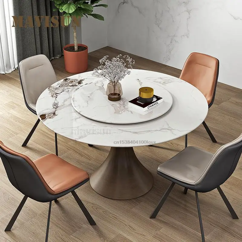 

Bright And Glossy Rock Slate Dining Table And Chairs For 6 Person High-End Round Table With Turntable Kitchen Indoor Furniture