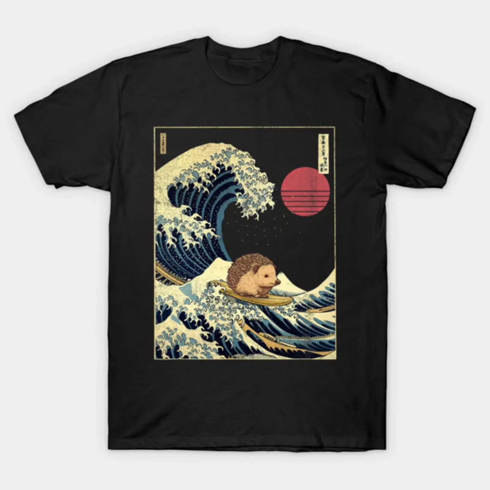 Great Wave Hedgehog Surfer Japanisches Kanagawa-T-Shirt für Tierliebhaber, Vintage, gewaschen, weich, Unisex, dehnbar, lässig, vielseitig, für Herren