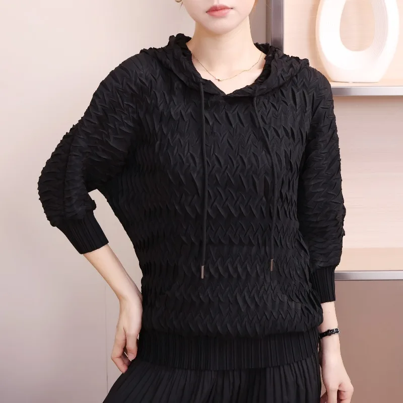 مياكي طيات 2026 جديد البلوز البلوز الرباط قابل للتعديل مقنعين أعلى فضفاض نحيل المرأة سترة عادية الرياضة الركاب