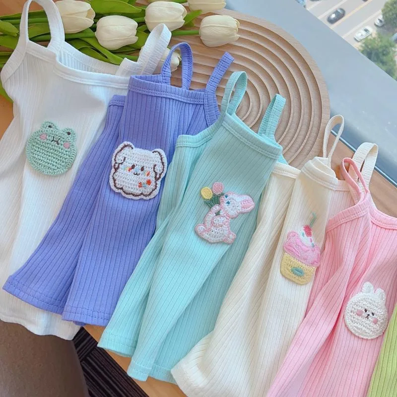 6-Pack Summer Baby Girl Clothes Ribbed Tank Top Cute Animal Patch Strap Vest Kids T Shirt Sleeveless Kawaii Camisole Tops Pastel