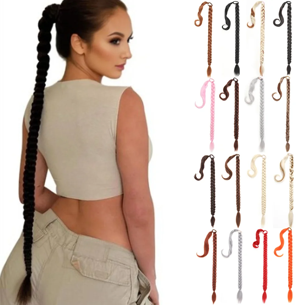 

Ponytail Extensions Synthetic Boxing Braids Wrap Around Chignon Tail With Rubber Band Hair Ring For Women Braided Braids