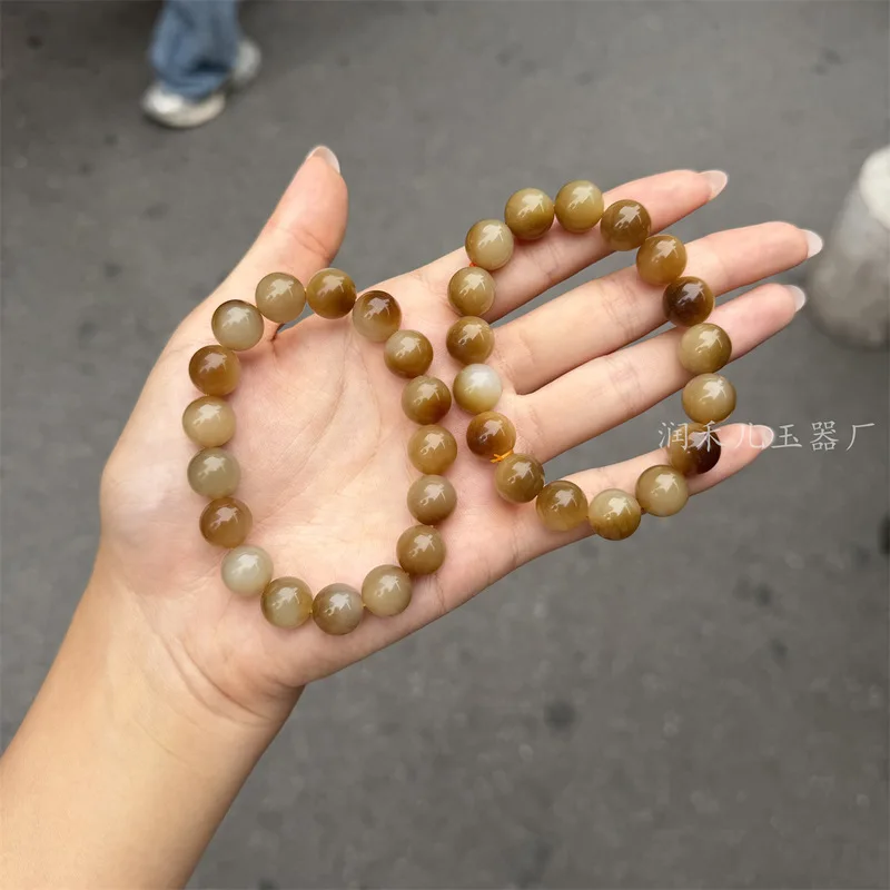 Natural Hotan Jade Qiemou Round Bead 12Mm Base Yellow Red Colorful Sugar Bracelet