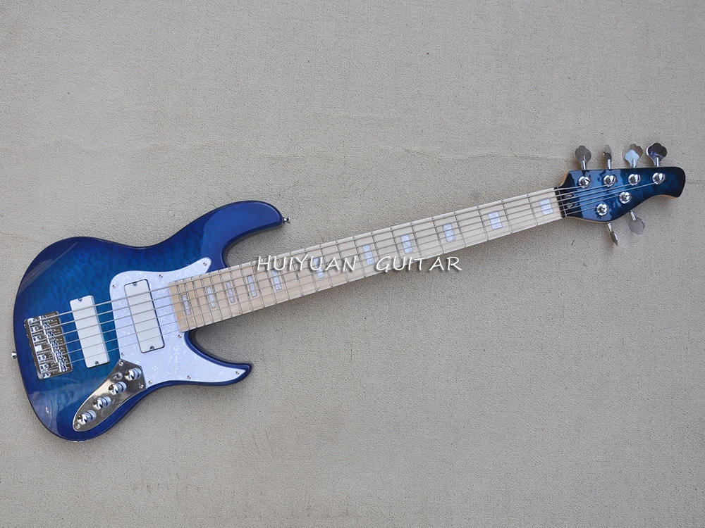 

6 Strings Blue Ash Electric Bass Guitar with Maple Fretboard,Flame Maple Veneer,Customized Logo/Color Available