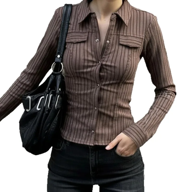 Amerykańska seksowna bluzka w paski z długim rękawem, podkreślająca talię, w stylu vintage, brązowa, z dekoltem w serek, Y2k, streetwear, topy, jesienna odzież codzienna do biura.