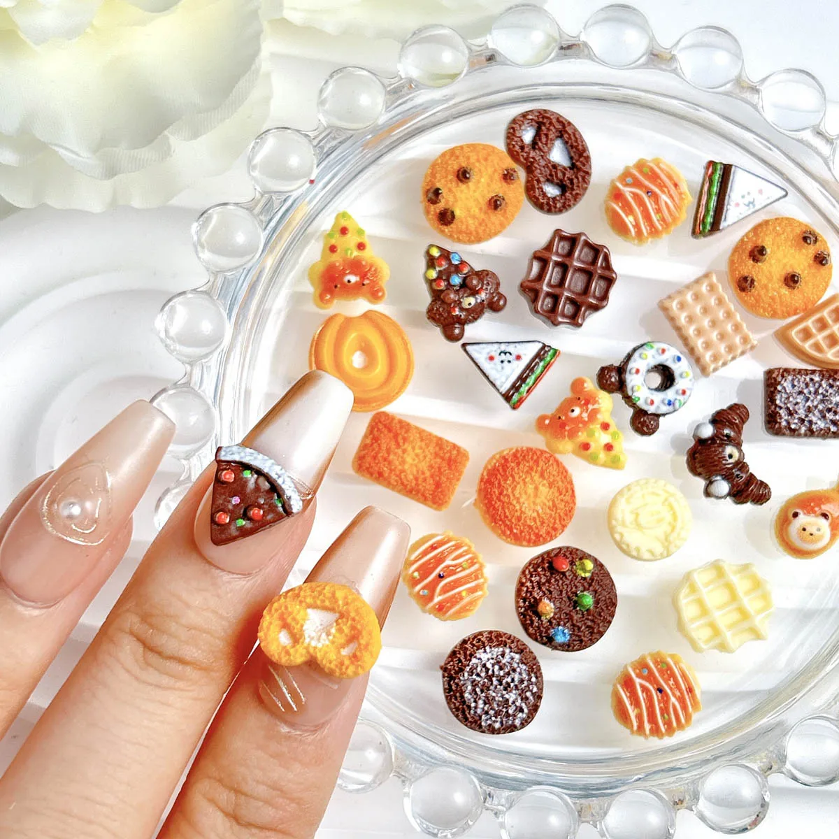 30pcs Food Nail Charms Resin 3D Cute Biscuit Donut Shape Nail Art Parts DIY Mix Manicure Design Decoration Supplies Accessories