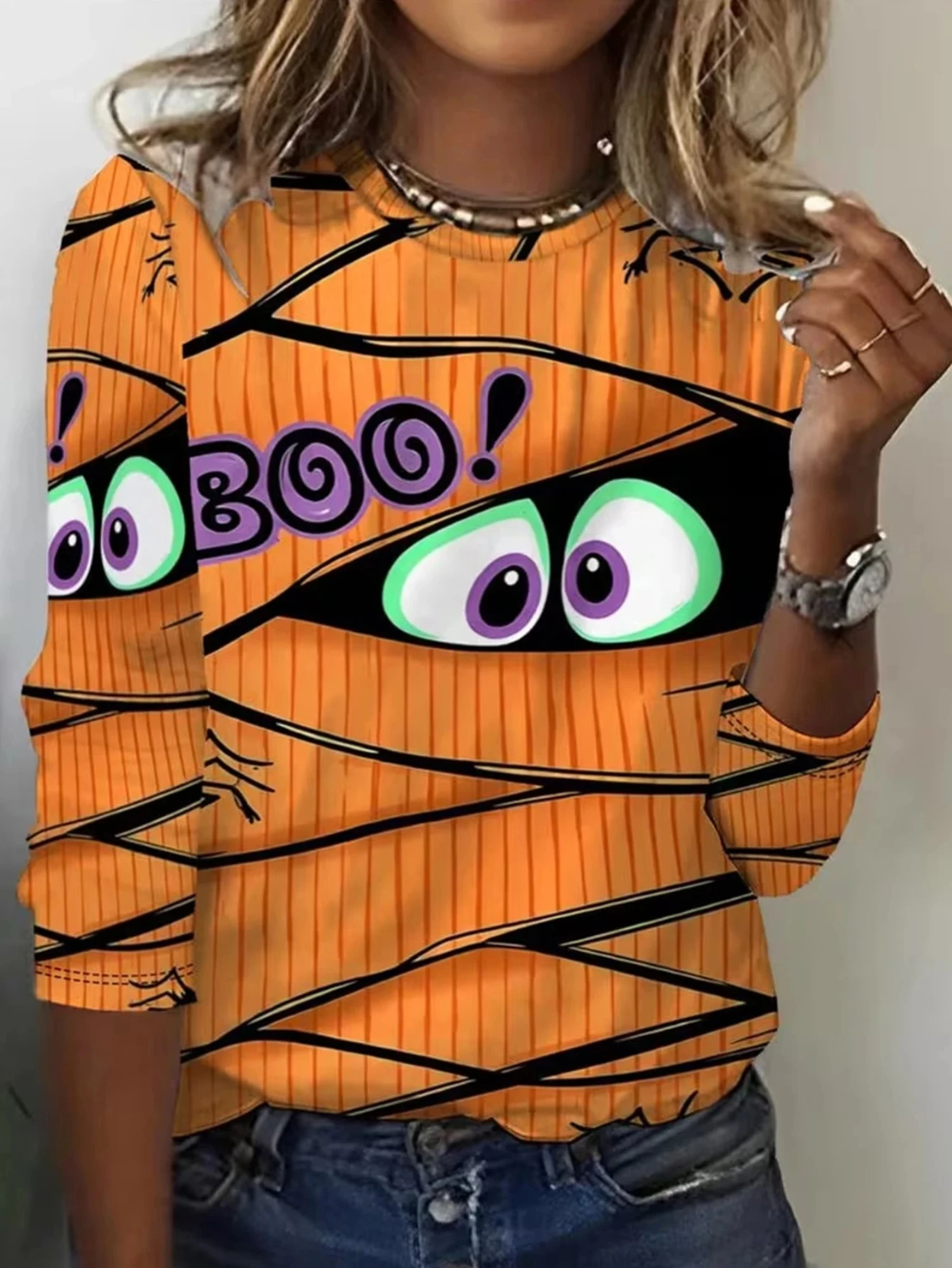 Damen-Halloween-T-Shirt, Rundhalsausschnitt, lange Ärmel, orange, Mumienauge, Boo-Buchstaben-Print, lockere Passform, Halloween-Freizeit- und Alltagsmode. – Detail 2